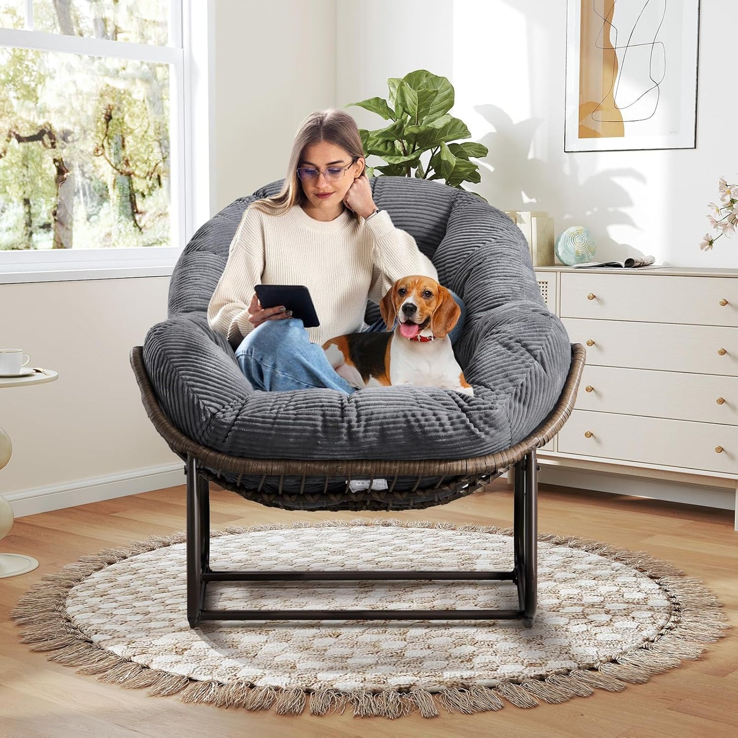 Hanging Egg Chair with Stand - All-Weather PE Rattan Boho Pod Swing Chair with Waterproof Cushion for Porch, Garden, Patio